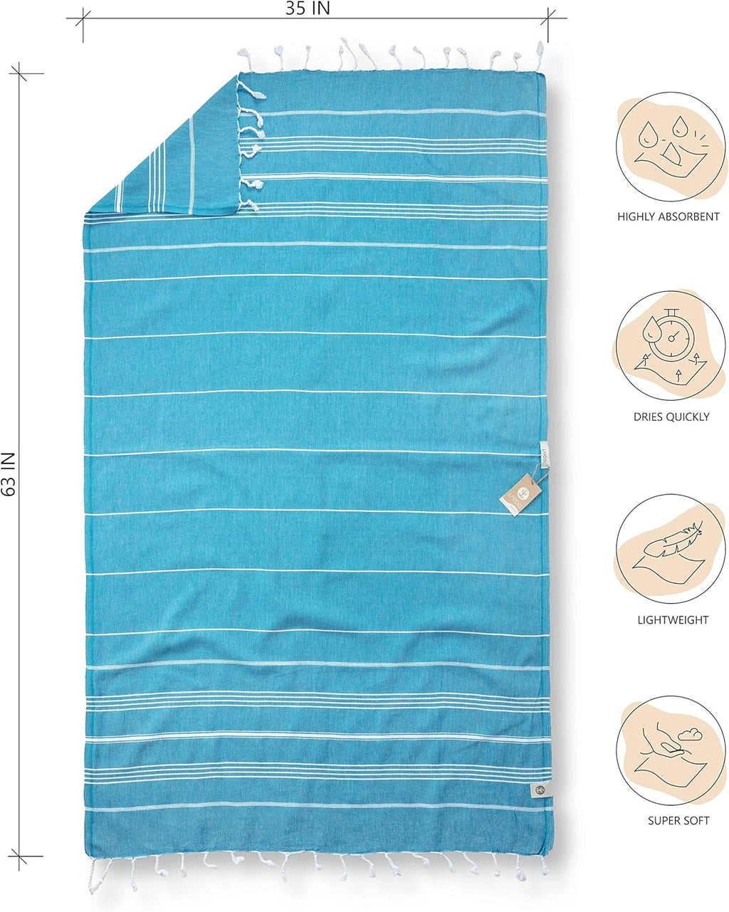 Turkish Beach Towel 39 X 71 Quick Dry Sand Free Lightweight Large Oversized Beach Towel Turkish Towels for Camping Yoga Gym Pool Travel - Turqouise