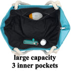 Women Large Canvas Beach Tote Bag with Inner Pockets , Waterproof Sandproof Handmade Tote Bags Zip Closure for Travel Vacation Gifts , Summer Cruise Pool Essentials Shoulder Crossbody Handbag